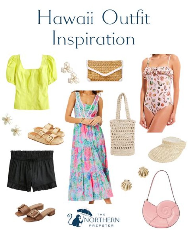 A fashion, beauty Hawaiian outfit, Palm print dress, Hawaii outfits