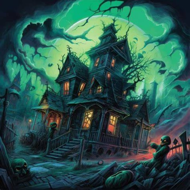 a painting of a creepy house in the middle of a field with pumpkins and