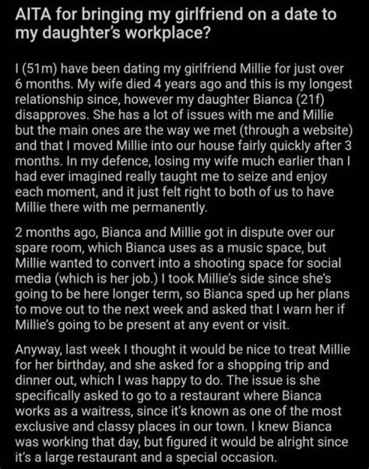 AITA for bringing my girlfriend on a date to my daughter&rsquo;s workplace