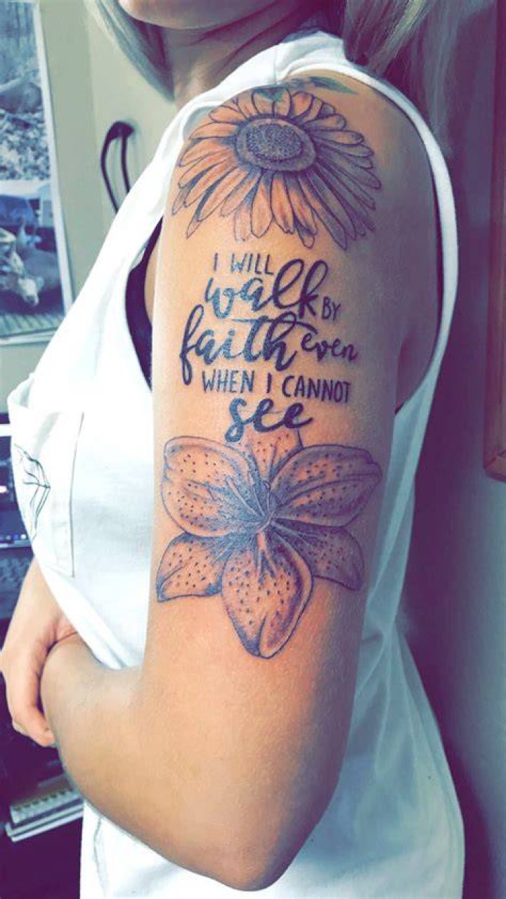 Flowers with quote tattoo Fingerprint tattoos, Back of shoulder