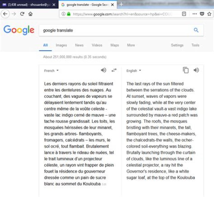 Google Translate translating the French literary text into English