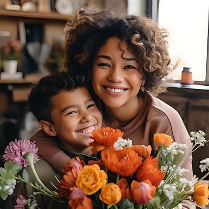 Grateful Mother with Bouquet Thanks Son Stock Image Image of birthday