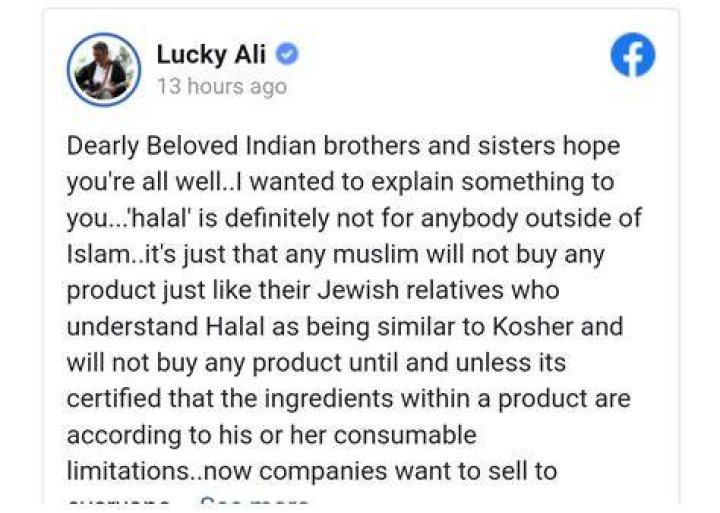 Lucky Ali comments on halal row in a Facebook note 'With love