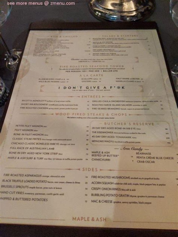 Menu at Maple & Ash steakhouse, Scottsdale, E Camelback Rd 130