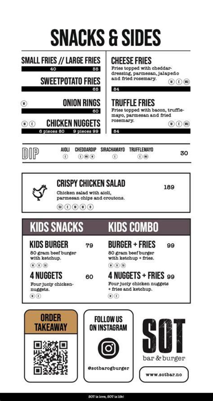 Our menu SOT bar og burger