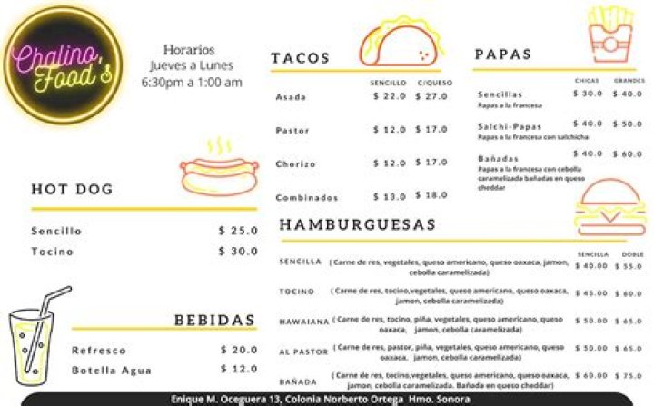 Precios y Men&uacute; Chalinos Food's Enrique Oceguera 15, Norberto Ortega