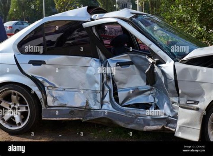 Silver Car after a Horrible Crash Accident. Stock Photo Image of