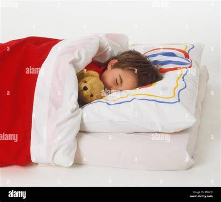 Sleeping boy and teddy bear tucked in under a blanket, side view Stock