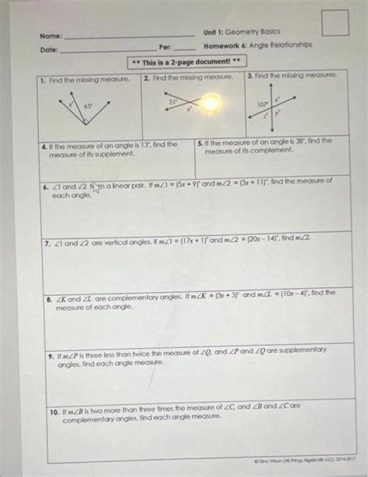 Solved Name Unit 1 Geometry Basics Date Per Homework 6
