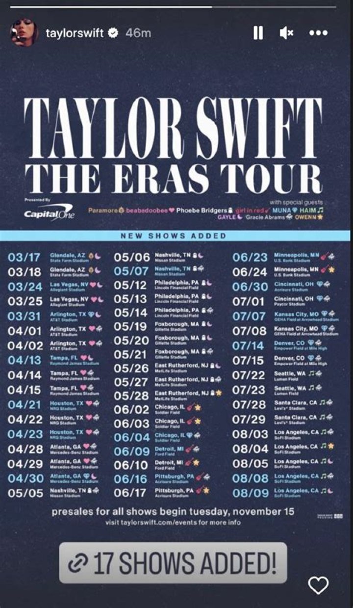 Taylor Swift Adds 17 Performances To 2023 &rsquo;Eras&rsquo; Tour, Ups Los Angeles