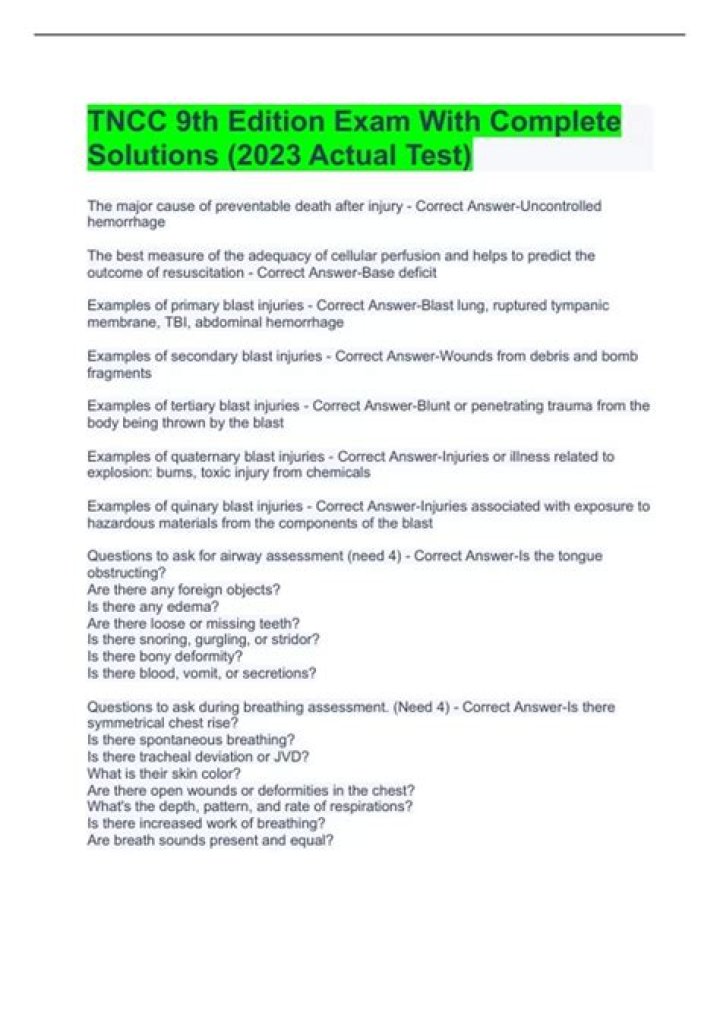TNCC 9th Edition Exam With Complete Solutions (2023 Actual Test) TNCC