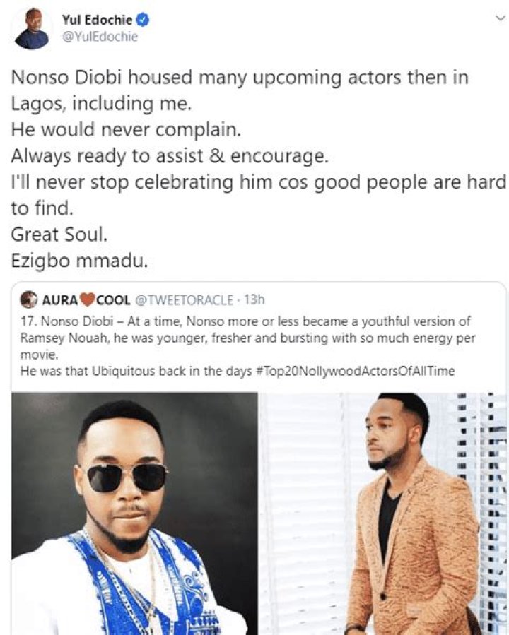 Yul Edochie reveals Nonso Diobi housed him and many actors in